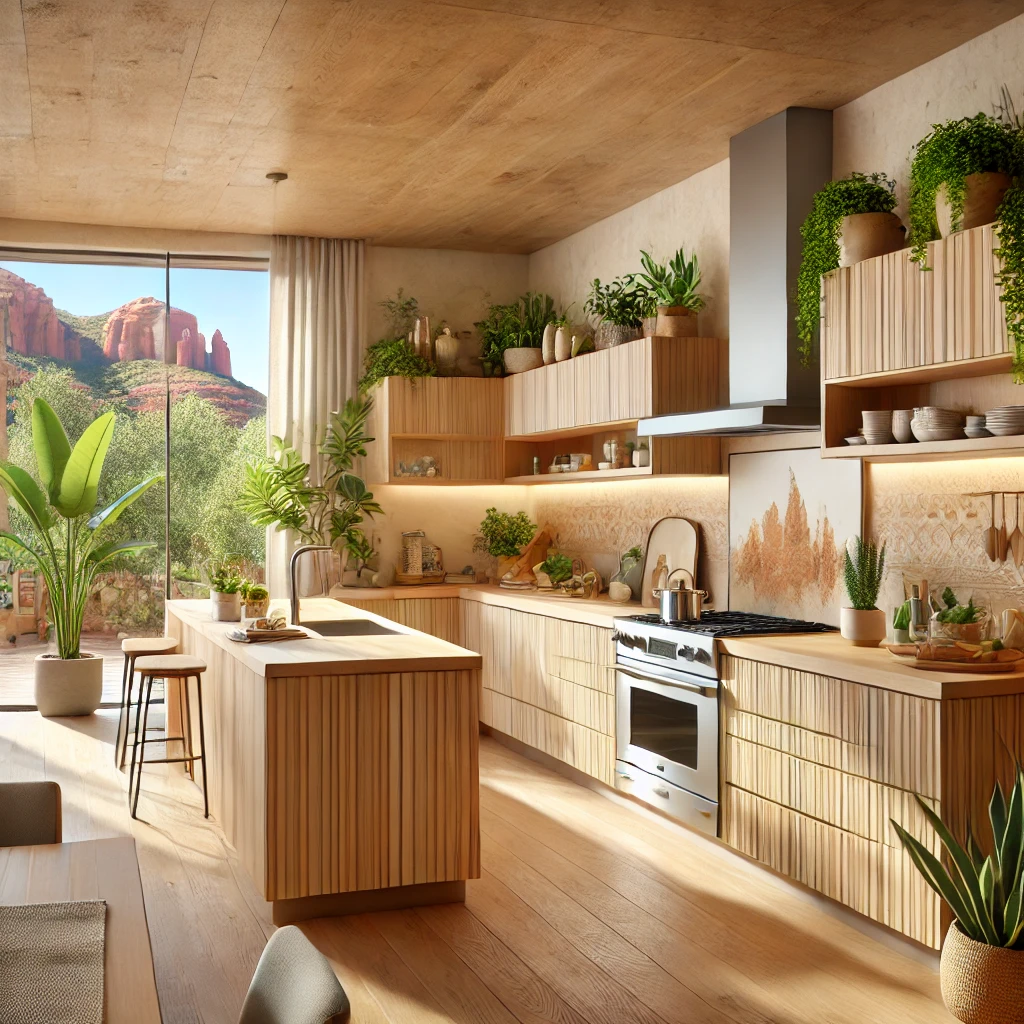 Modern Kitchen designed with healthy, eco-friendly materials such as natural wood, organic fabrics, and water-based paints. They emphasize good ventilation, the strategic placement of indoor plants, and the use of non-toxic materials to create a healthier living environment.