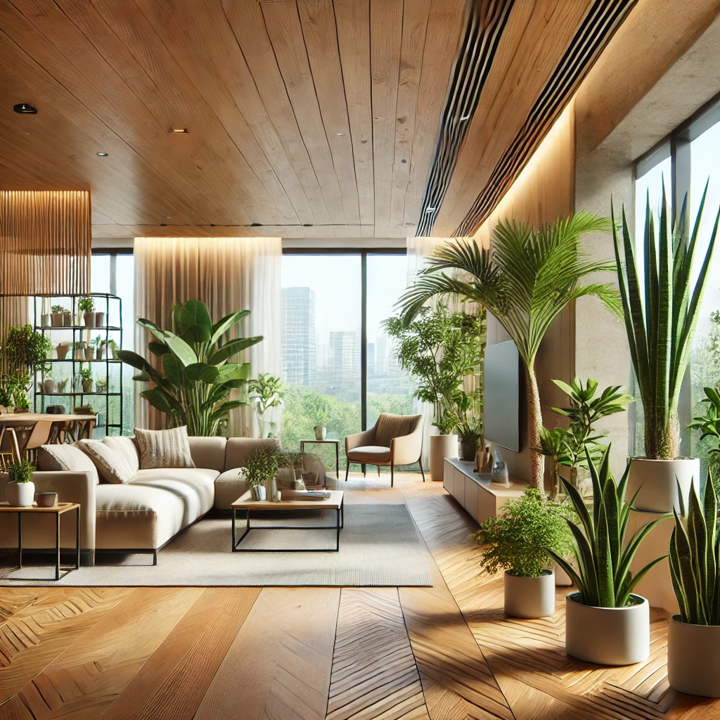 Modern Living Room designed with healthy, eco-friendly materials such as natural wood, organic fabrics, and water-based paints. They emphasize good ventilation, the strategic placement of indoor plants, and the use of non-toxic materials to create a healthier living environment, all while incorporating psychological principles to enhance well-being.