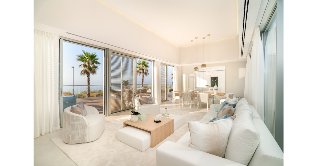 "Elegant minimalist living room in A.K. HOUSE – designed by MoranID"