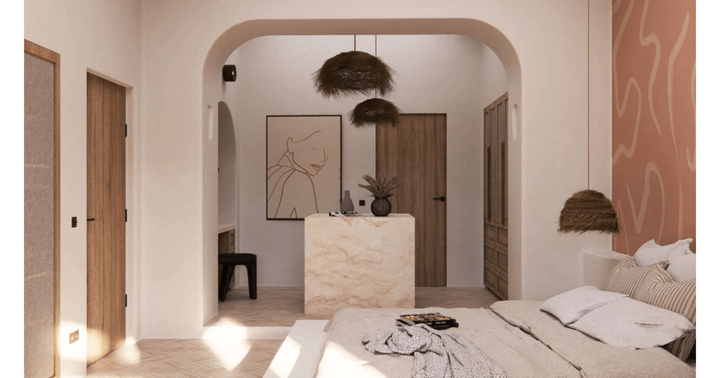boutique natural home with soft arches and organic design inspired by Mediterranean style