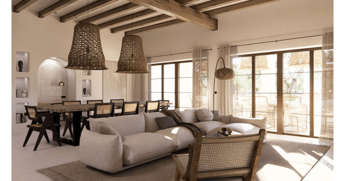 Living room in A.O. House, Arcos & Origins by MORANID, designed with natural materials and warm textures.