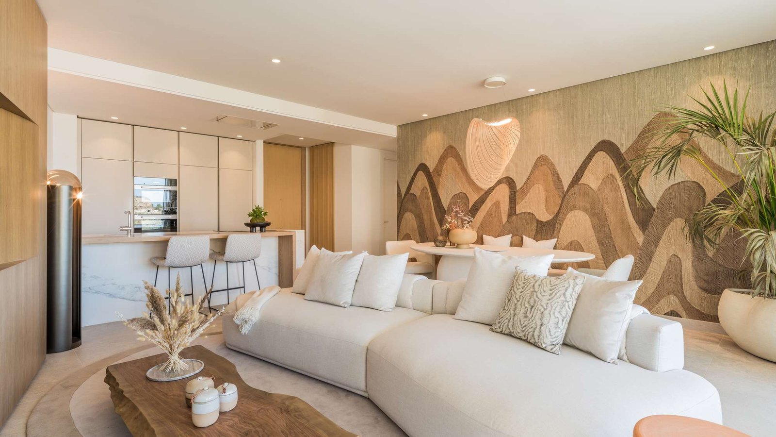 Living room in L.Z. Horizon Residence by MORANID, featuring natural materials and warm textures, and a calm work-focused atmosphere.