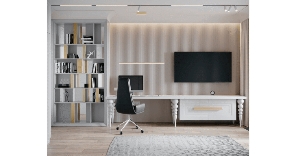 Home office · D.G. House · MORANID Home office in D.G. House by MORANID, featuring wellness-centered light and refined illumination, and a calm work-focused atmosphere.