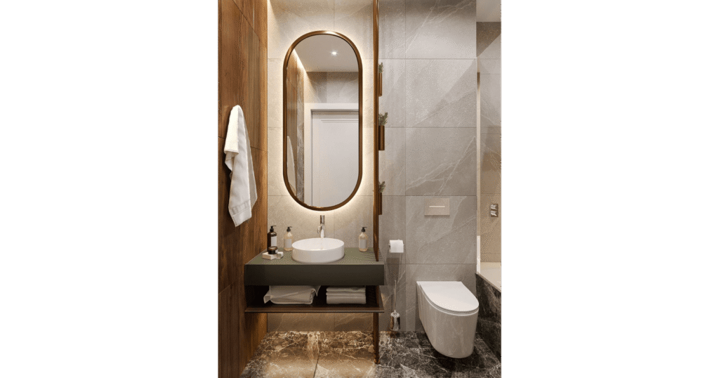 Bathroom in D.R. House by MORANID, featuring privacy and restorative calm, and soft neutral tones and material warmth.