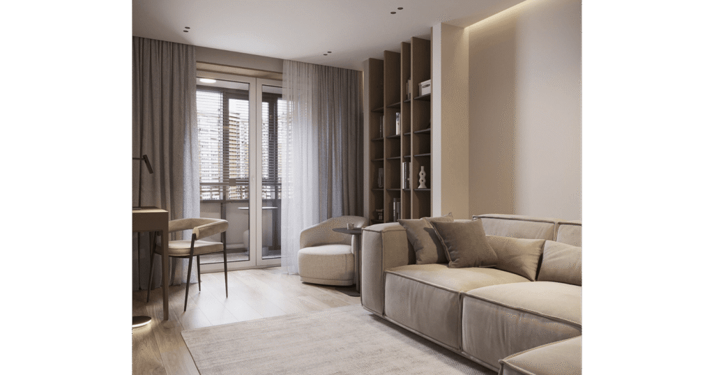 Living room in D.Y. House by MORANID, designed with wellness-centered light and refined illumination, and a calm work-focused atmosphere.