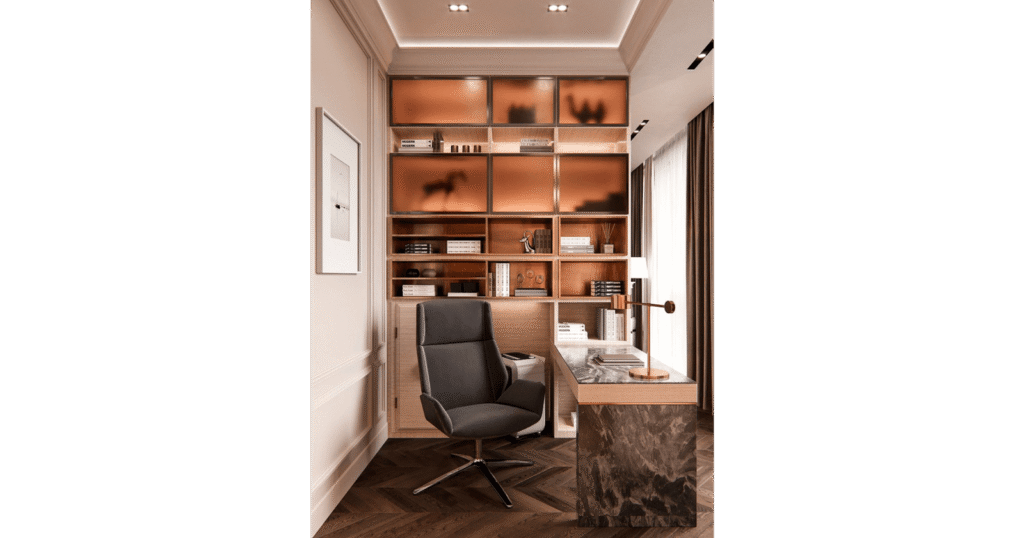 Home office in D.R. House by MORANID, designed with wellness-centered light and refined illumination, and a calm work-focused atmosphere.