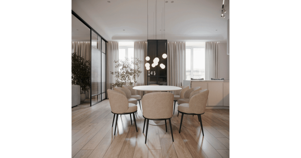 Dining area in D.G. House by MORANID, featuring human-centered connection and flow.