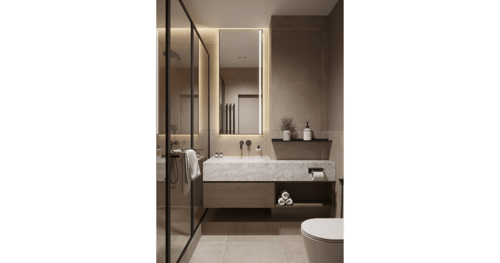 Bathroom in D.Y. House by MORANID, featuring wellness-centered light and refined illumination, and privacy and restorative calm.