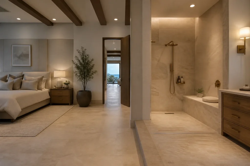Sophisticated Florida primary suite and bath that is accessible without looking clinical