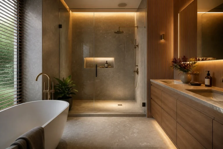 Luxury wellness bathroom with stone, warm light and a calm bathing room, not a hotel spa cliché