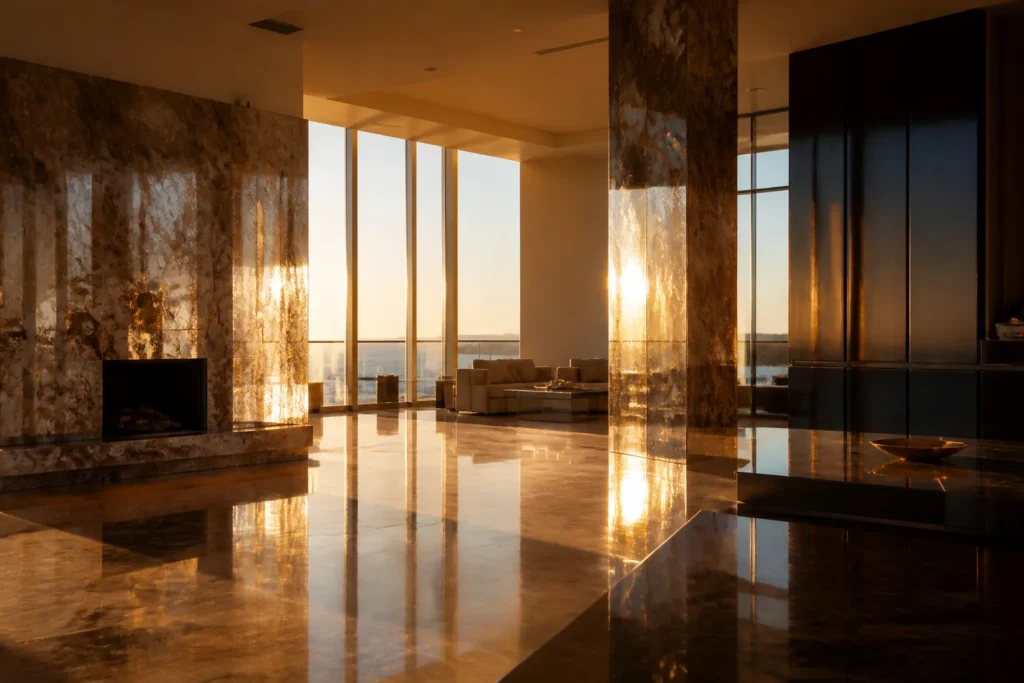 Visually beautiful luxury room with harsh glare and hard surfaces that still feels restless