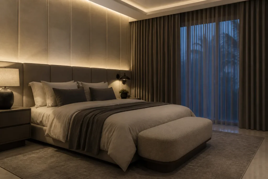 Luxury South Florida bedroom with blackout layers, warm dim lighting and a quiet recovery atmosphere
