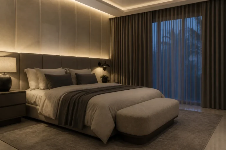 Luxury South Florida bedroom with blackout layers, warm dim lighting and a quiet recovery atmosphere
