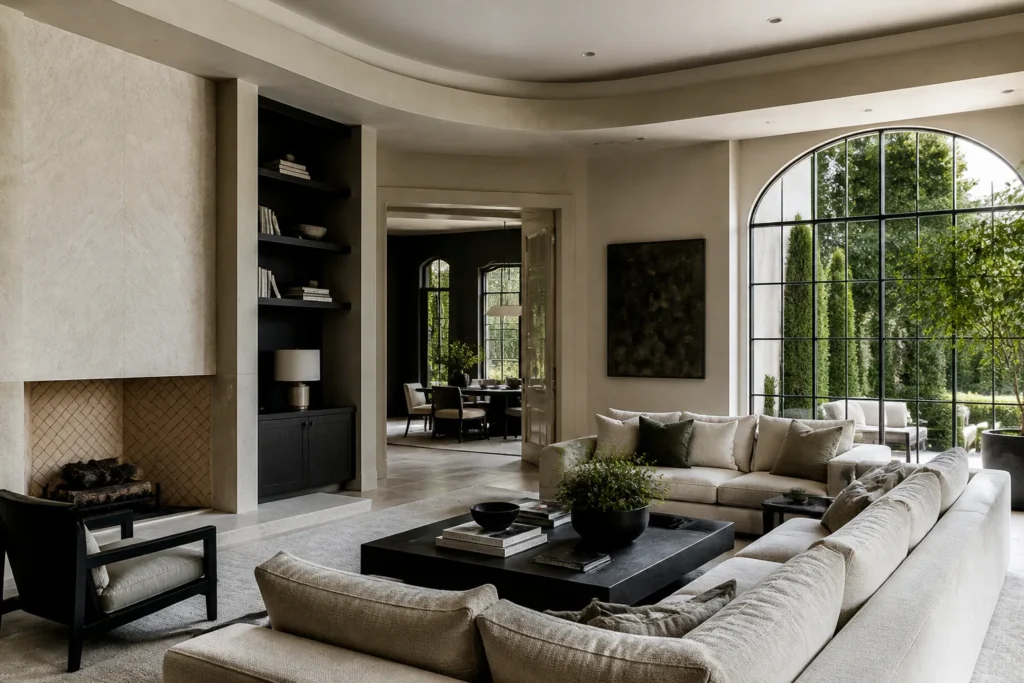Beverly Hills luxury living room with discreet prestige, plaster, stone and controlled daylight