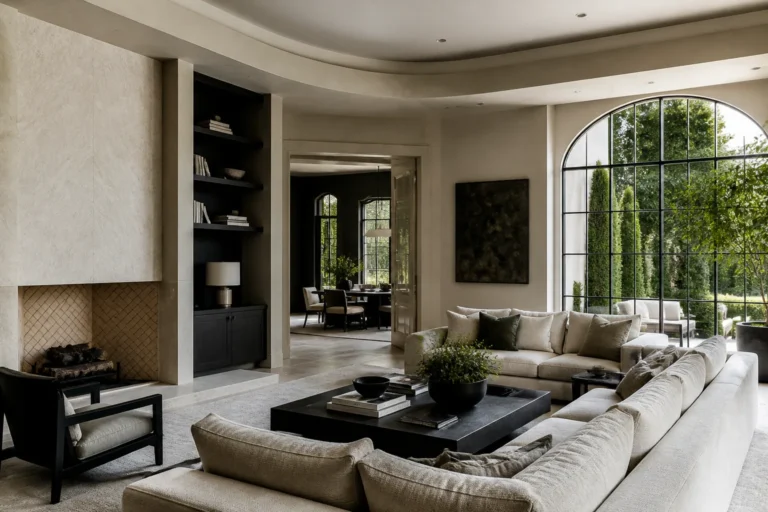Beverly Hills luxury living room with discreet prestige, plaster, stone and controlled daylight