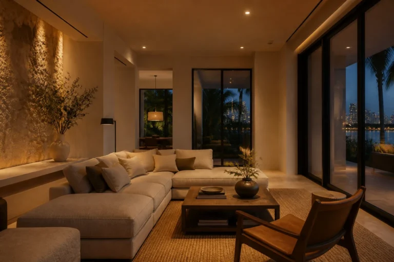 Human-centered Miami branded residence living room that feels private rather than hotel-like