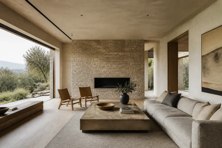 Fire-conscious luxury interior with mineral surfaces, plaster and durable natural materials