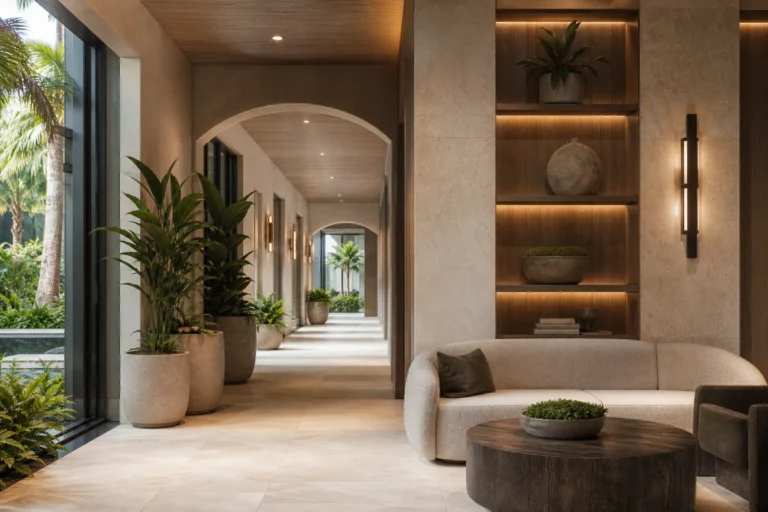Luxury multifamily arrival and residential corridor that feels quiet and livable rather than amenity-themed