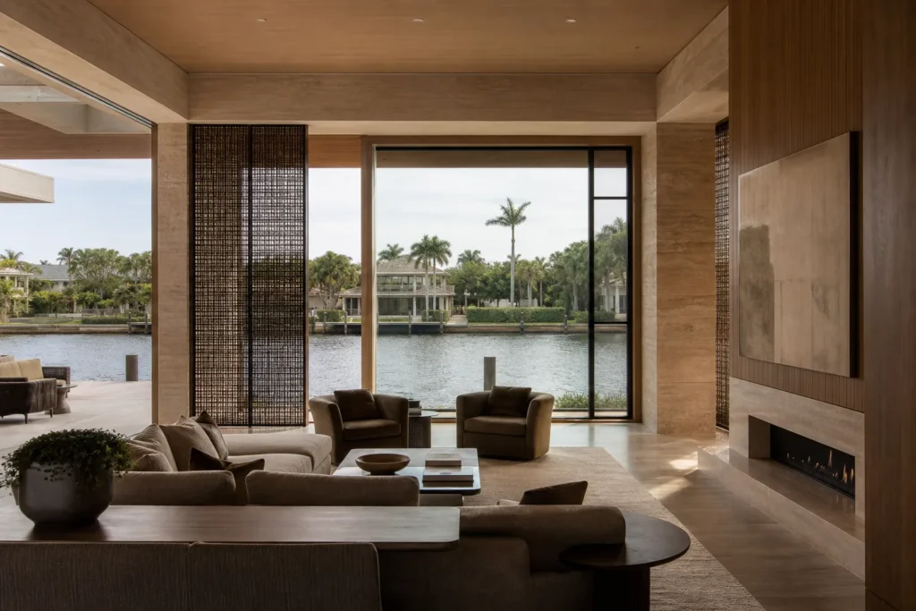 Fort Lauderdale waterfront living room opening to a canal with shade, privacy and warm stone interiors