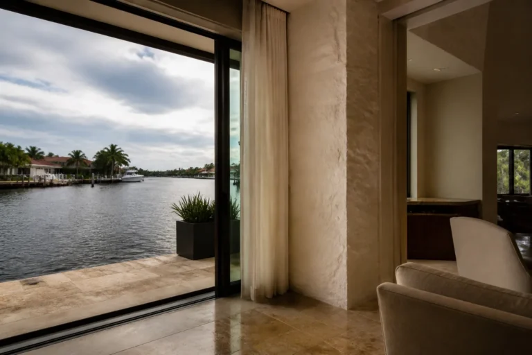 Fort Lauderdale canal house interior with dock-side glass, privacy layers and indoor-outdoor stone floors