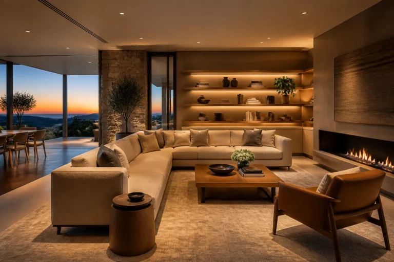 Future-ready high-end living room with flexible furniture zones and timeless materials