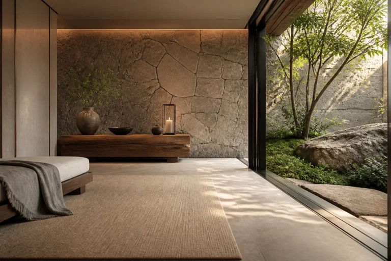 Healing luxury living space with garden light, stone and a restrained vegetation edge