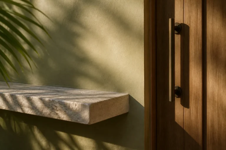 Close-up of healthy luxury Florida materials: lime plaster, oak, stone and bronze hardware