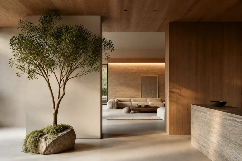 Luxury interior with a few architectural plants used for air and calm, not a jungle wall