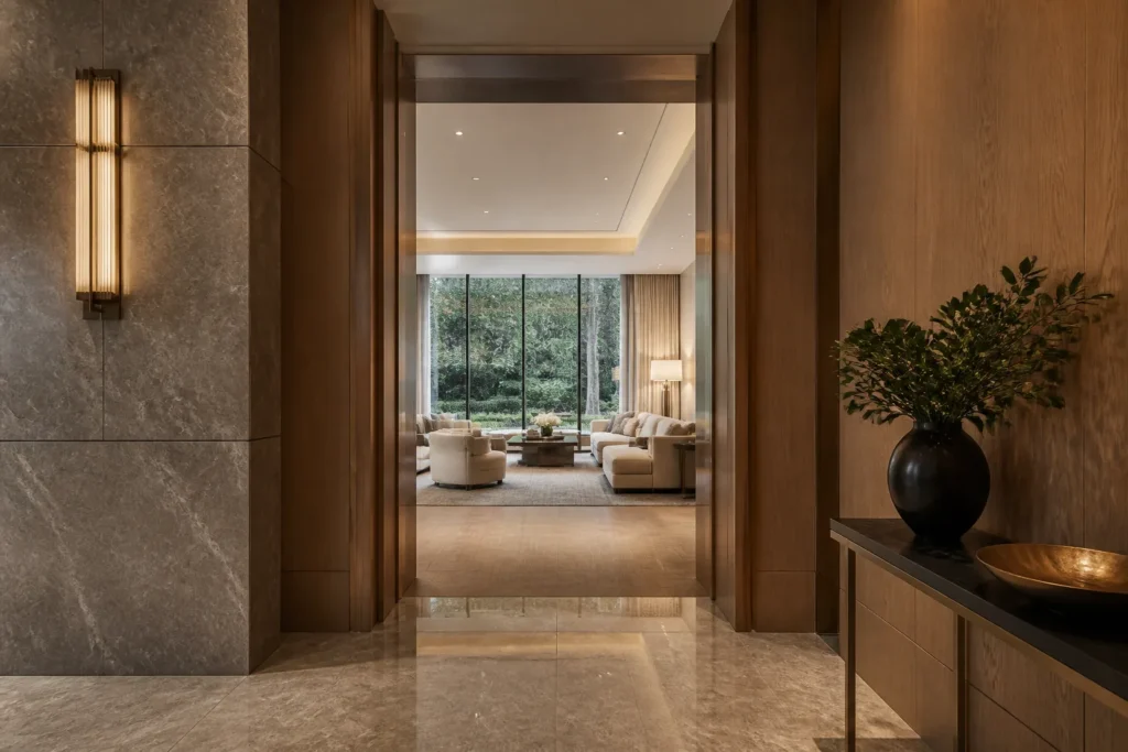 Valuable residential development lobby and living outlook with lasting materials and calm proportion