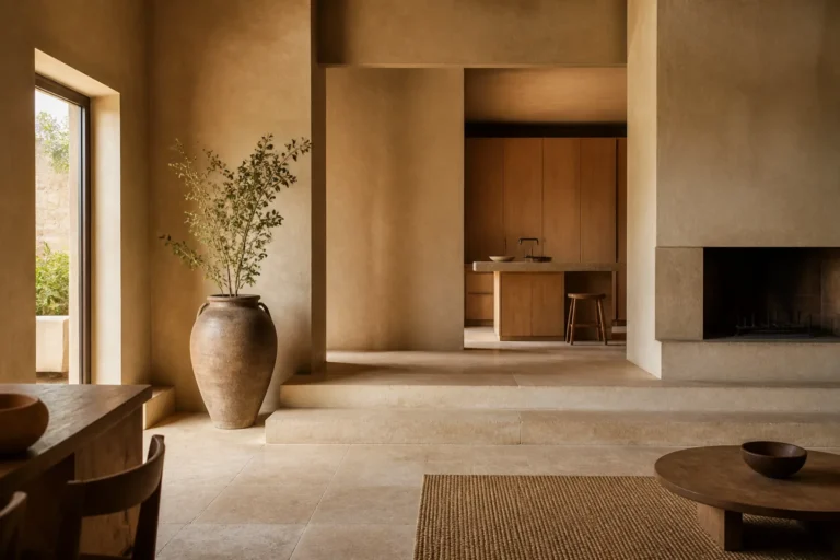 Refined interior where a warm mineral color palette shapes atmosphere without decoration