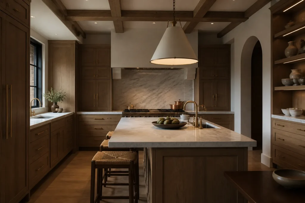 Luxury remodeled kitchen with stone, oak and a working island in warm architectural light