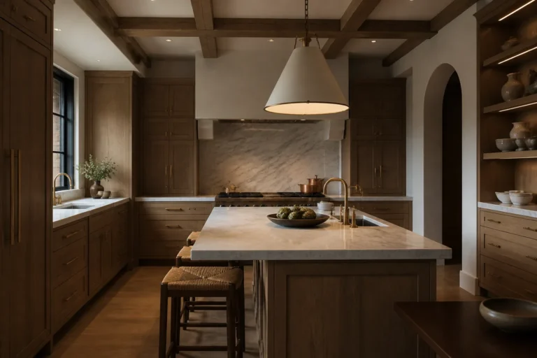 Luxury remodeled kitchen with stone, oak and a working island in warm architectural light