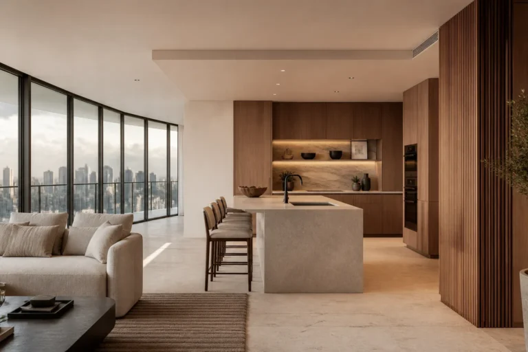 Renovated luxury condo interior in Miami with a disciplined layout, stone kitchen and city-light control