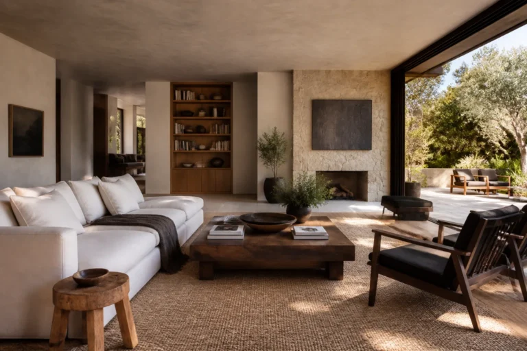 Los Angeles luxury interior with indoor-outdoor light, plaster walls and a quiet hillside living room