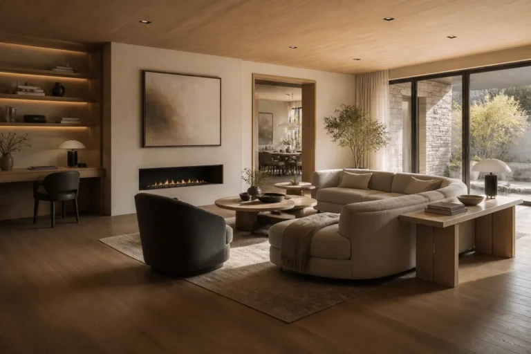 Adaptive luxury living room that can shift from work to gathering without visual noise