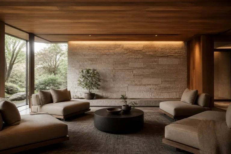 Quiet luxury residential recovery room with soft light, wood and stone, not a nightclub amenity