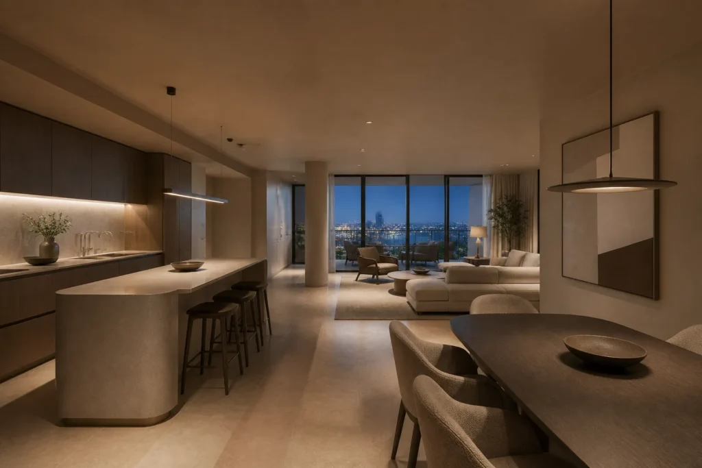 Human-centered Miami luxury apartment with calm acoustics, layered light and a usable kitchen living space