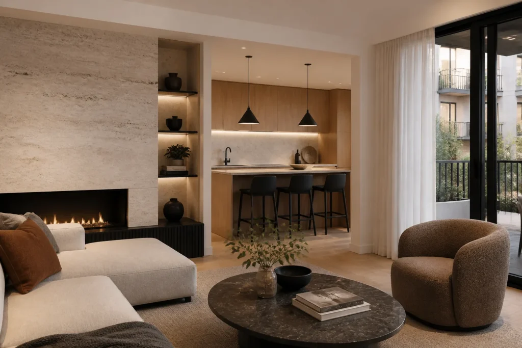 Residential development interior model unit with human-scaled planning and warm architectural materials