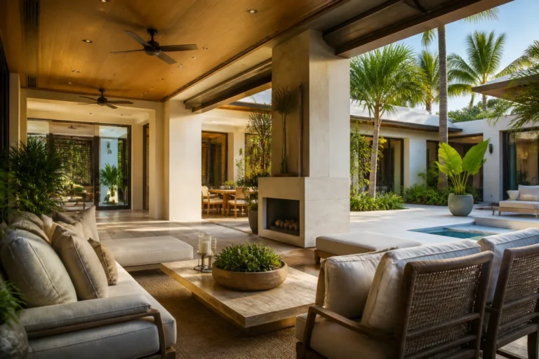 South Florida luxury house renovation in progress conceptually shown as a finished indoor-outdoor living room suited to heat and humidity