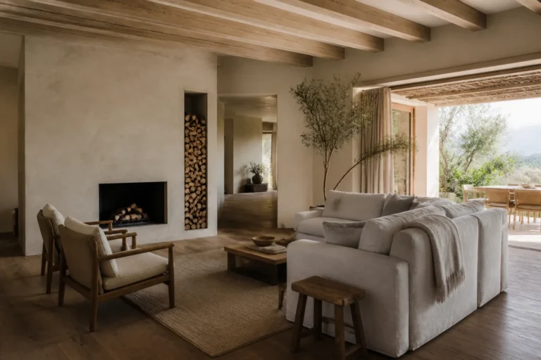 Natural luxury home interior with discreet technology, oak, plaster and quiet daylight