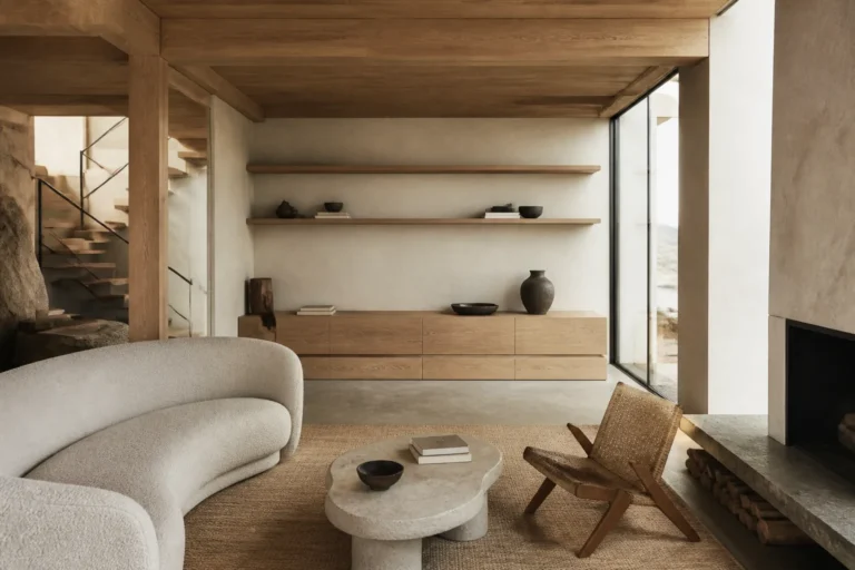 Eco-conscious luxury interior with natural materials and a low-stimulus daylight plan