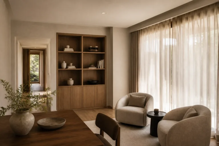 Calm South Florida interior with controlled contrast, soft acoustics and layered daylight for lower sensory load
