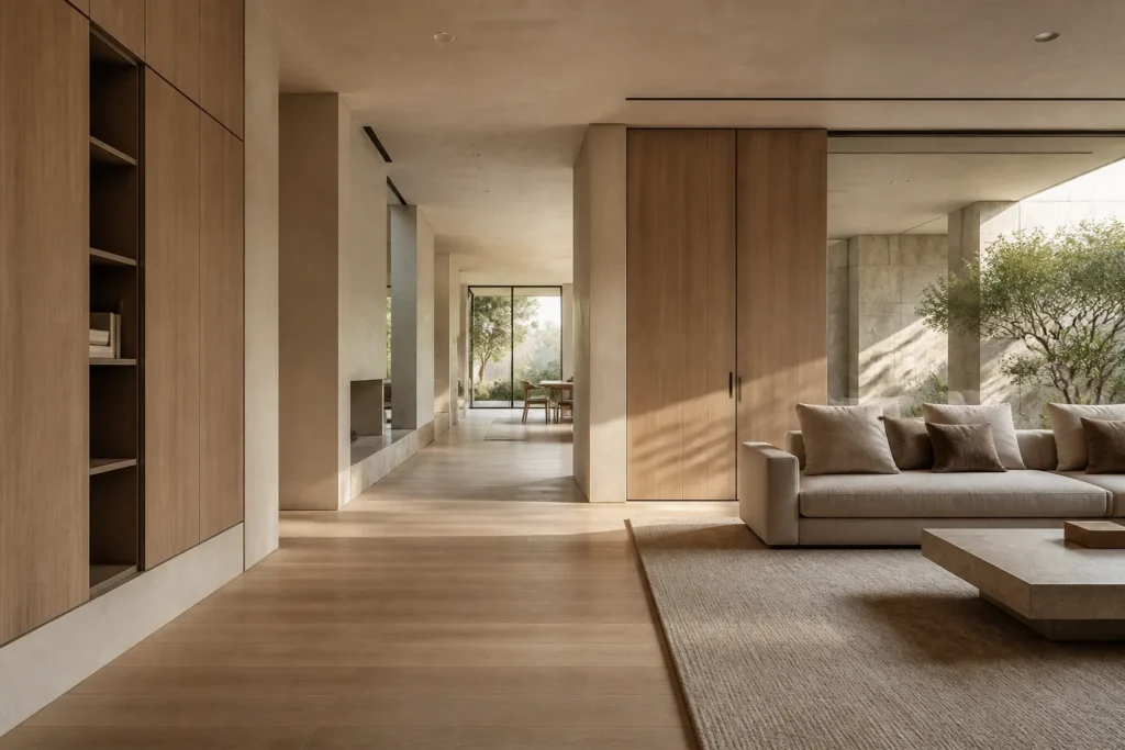 Quiet ordered luxury interior with concealed storage and a clear path through the room