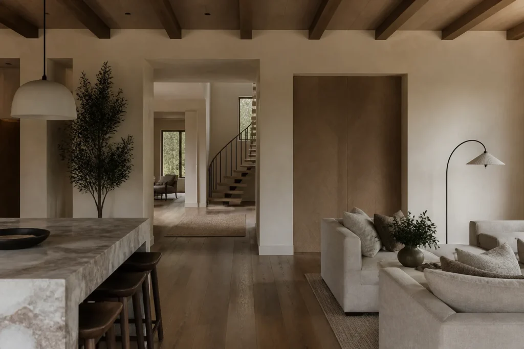 Luxury renovation interior with coordinated materials and a clear construction-ready living space
