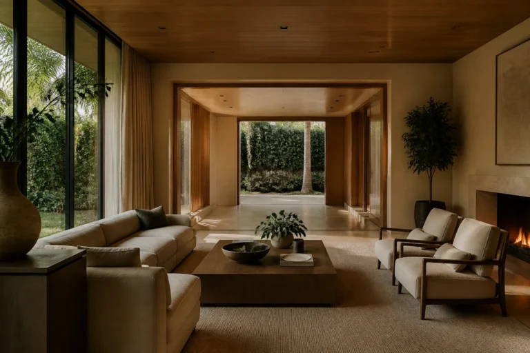 Private South Florida luxury living room with controlled arrival, warm materials and a calm view