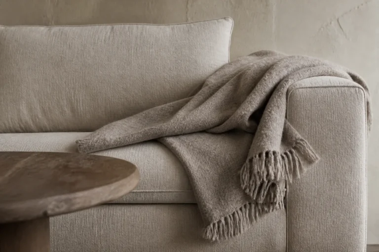 Architectural close-up of linen, wool, plaster and wood textures in a luxury living room