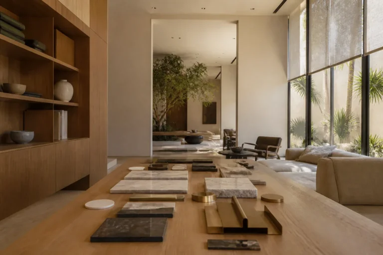 Luxury South Florida living room with warm limestone, oak and architectural light, suggesting design decisions shaped by people, project and budget