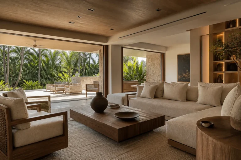 Wellness-centered South Florida interior with indoor-outdoor circulation, controlled daylight and natural materials