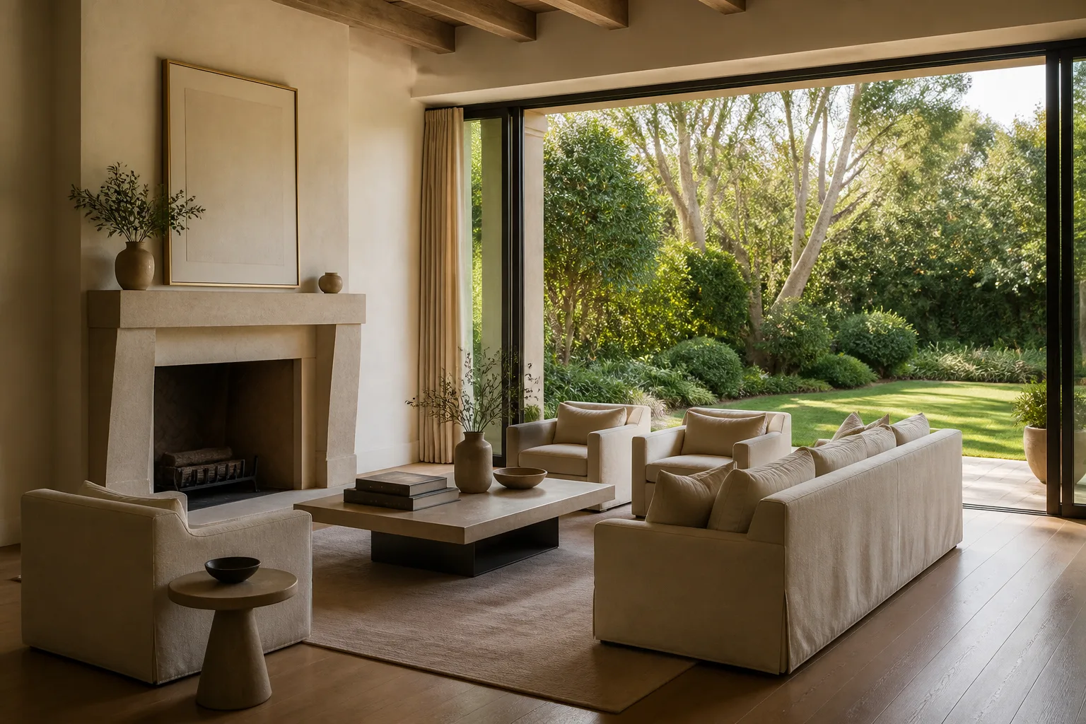 Boca Raton long-stay luxury living room with garden light, oak and plaster