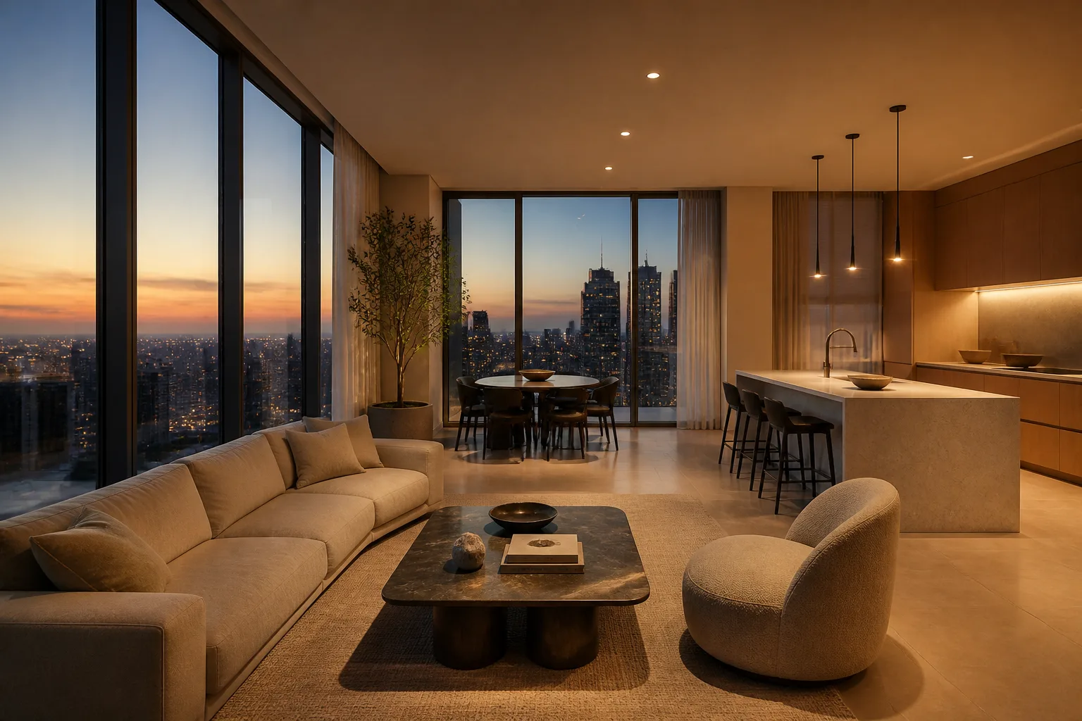 Miami high-rise living room with plaster, stone and controlled city light